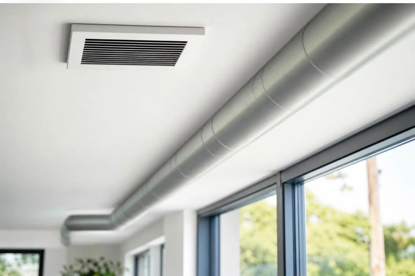 Ventilatierooster en luchtkanaal langs het plafond in een lichte woonruimte