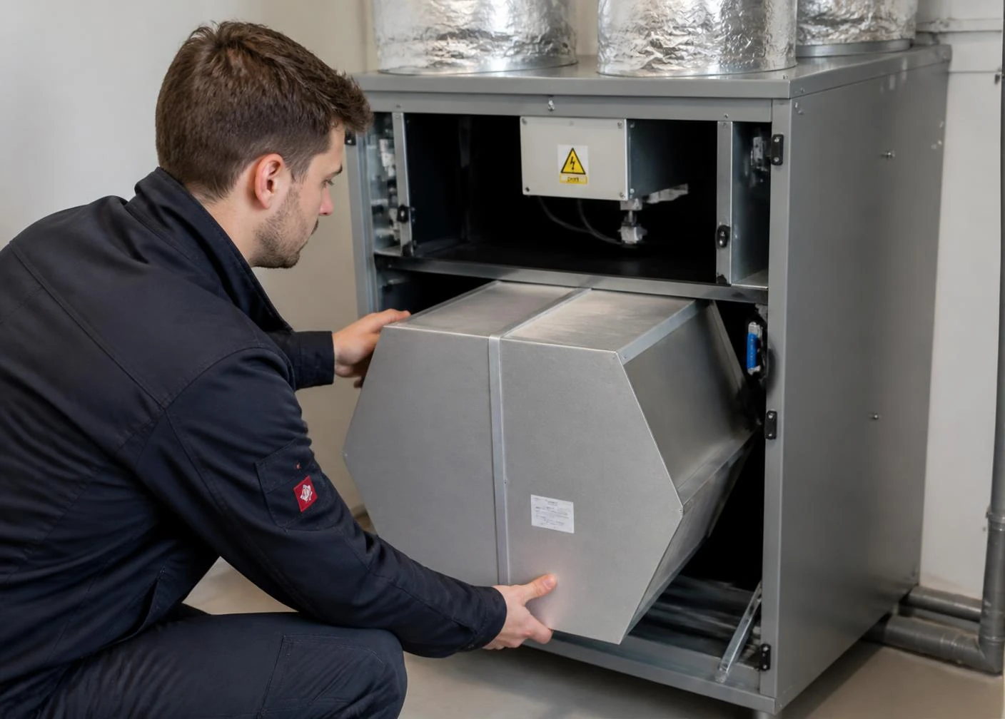 Monteur neemt de warmtewisselaar uit een WTW-unit voor reiniging